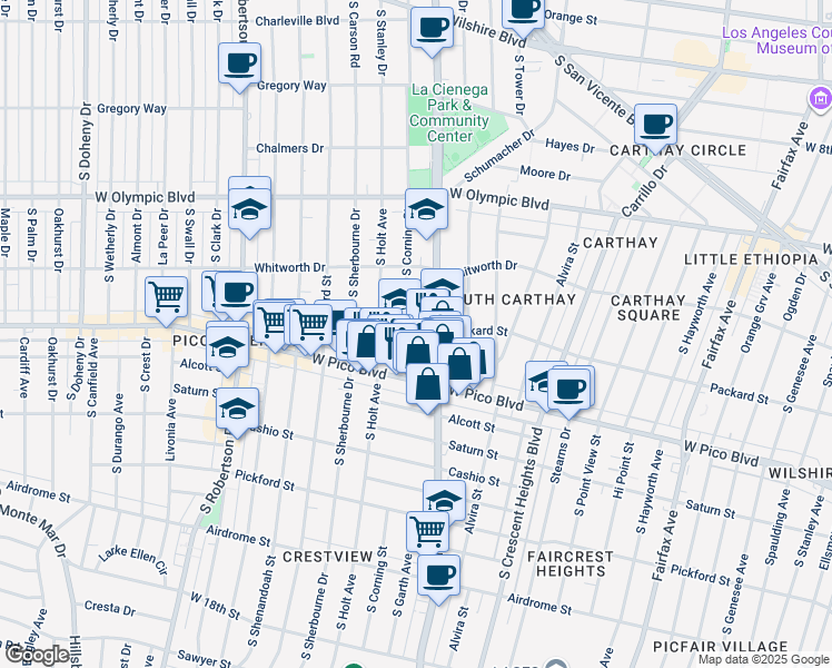map of restaurants, bars, coffee shops, grocery stores, and more near 1240 South Corning Street in Los Angeles