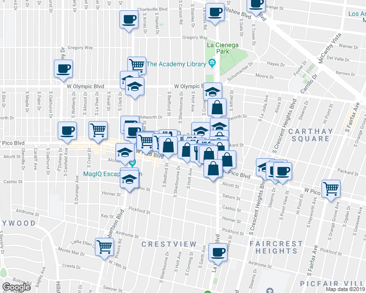 map of restaurants, bars, coffee shops, grocery stores, and more near 1251 South Holt Avenue in Los Angeles