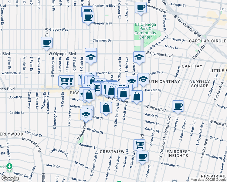 map of restaurants, bars, coffee shops, grocery stores, and more near 8647 West Pico Boulevard in Los Angeles