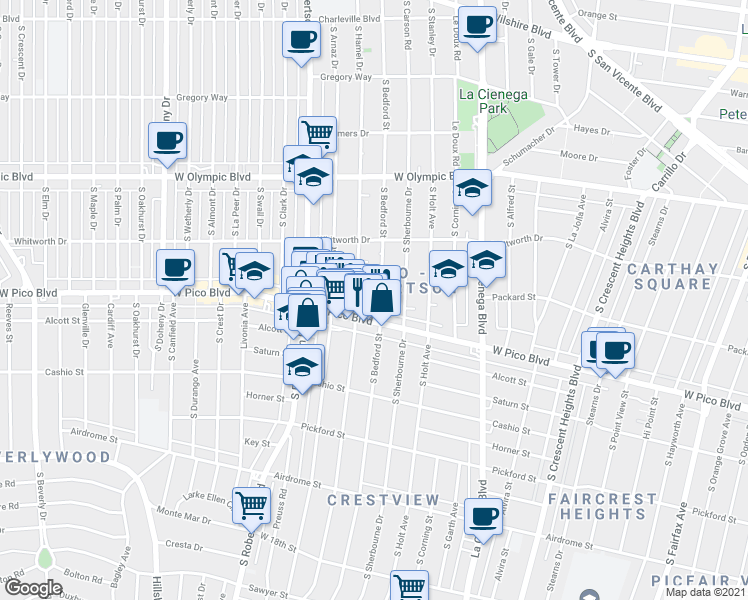 map of restaurants, bars, coffee shops, grocery stores, and more near 8687 West Pico Boulevard in Los Angeles
