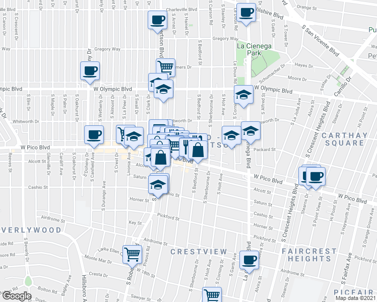 map of restaurants, bars, coffee shops, grocery stores, and more near 8687 West Pico Boulevard in Los Angeles