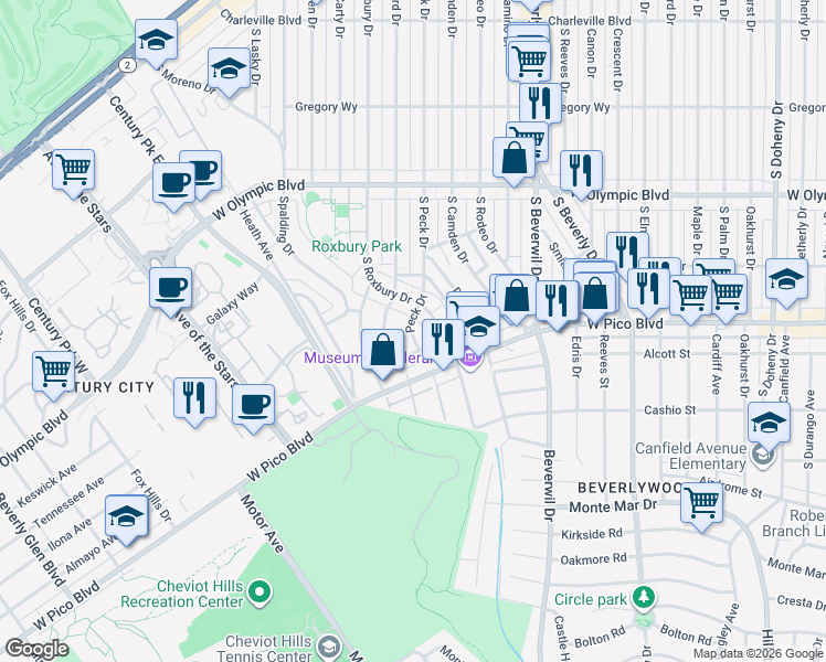 map of restaurants, bars, coffee shops, grocery stores, and more near 1239 Peck Drive in Los Angeles