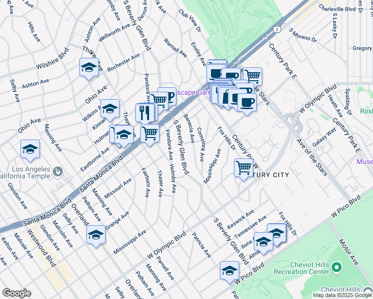 map of restaurants, bars, coffee shops, grocery stores, and more near 41 South Beverly Glen Boulevard in Los Angeles