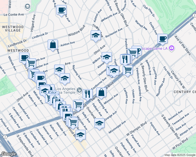 map of restaurants, bars, coffee shops, grocery stores, and more near 10617 Eastborne Avenue in Los Angeles