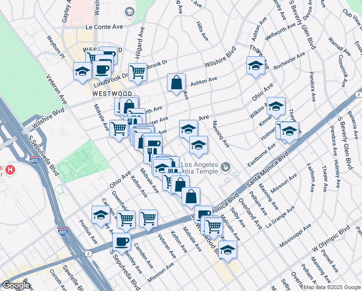 map of restaurants, bars, coffee shops, grocery stores, and more near 1527 Malcolm Avenue in Los Angeles