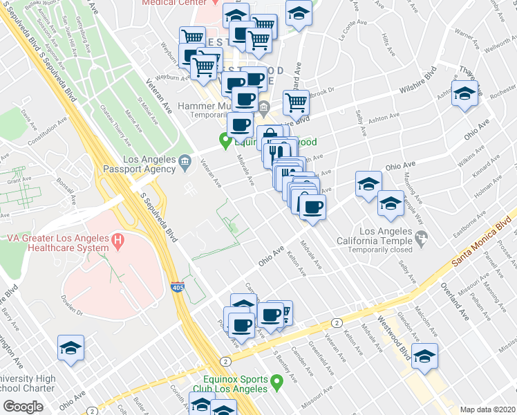 map of restaurants, bars, coffee shops, grocery stores, and more near 1378 Veteran Avenue in Los Angeles