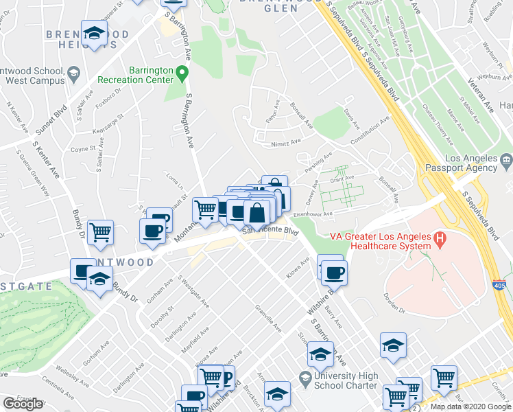 map of restaurants, bars, coffee shops, grocery stores, and more near 11647 Gorham Place in Los Angeles