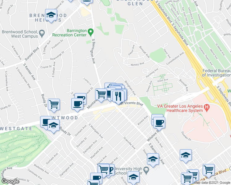 map of restaurants, bars, coffee shops, grocery stores, and more near 11662 Gorham Avenue in Los Angeles