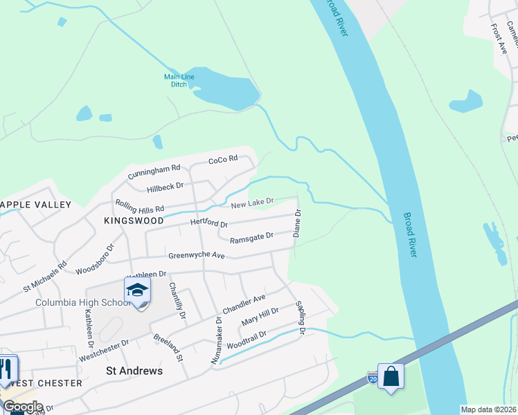 map of restaurants, bars, coffee shops, grocery stores, and more near 2409 Hertford Drive in Columbia