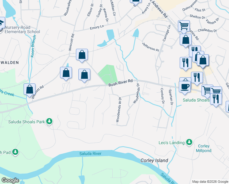 map of restaurants, bars, coffee shops, grocery stores, and more near 118 Woodwinds West Drive in Columbia