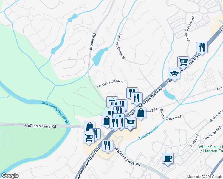 map of restaurants, bars, coffee shops, grocery stores, and more near 4285 Lansmoore Crossing in Suwanee