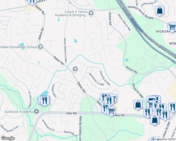 map of restaurants, bars, coffee shops, grocery stores, and more near 3824 Tidewater Way Northwest in Acworth