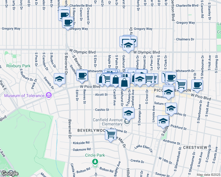 map of restaurants, bars, coffee shops, grocery stores, and more near 1424 Cardiff Avenue in Los Angeles