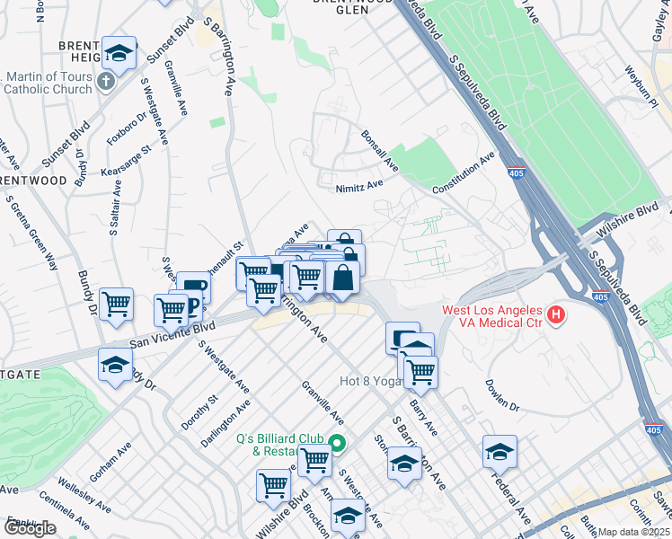 map of restaurants, bars, coffee shops, grocery stores, and more near 11611 Darlington Avenue in Los Angeles