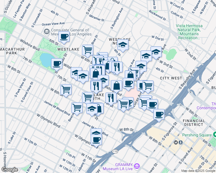map of restaurants, bars, coffee shops, grocery stores, and more near 1500 Wilshire Boulevard in Los Angeles