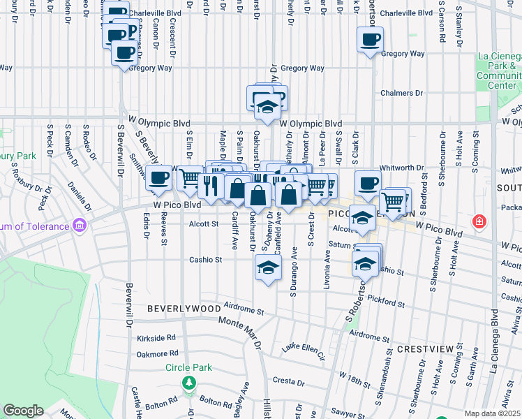 map of restaurants, bars, coffee shops, grocery stores, and more near 1420 South Oakhurst Drive in Los Angeles