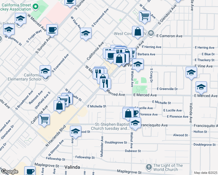 map of restaurants, bars, coffee shops, grocery stores, and more near 417 East Merced Avenue in West Covina