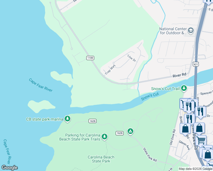map of restaurants, bars, coffee shops, grocery stores, and more near 9202 River Road in Wilmington
