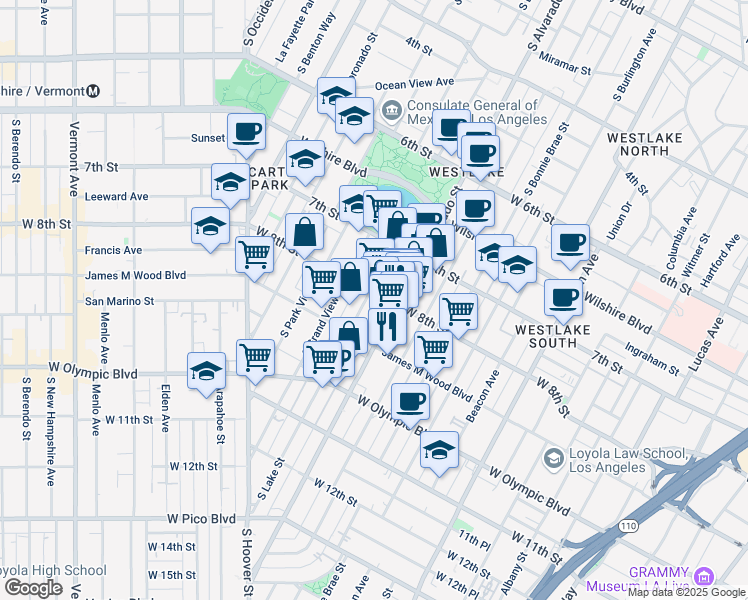 map of restaurants, bars, coffee shops, grocery stores, and more near 830 South Lake Street in Los Angeles