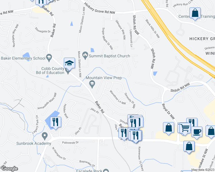 map of restaurants, bars, coffee shops, grocery stores, and more near 3824 Tidewater Way Northwest in Acworth