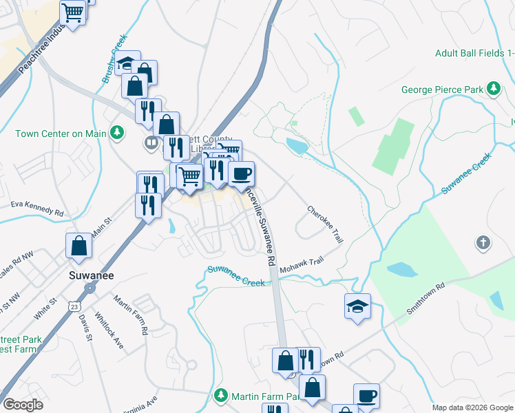 map of restaurants, bars, coffee shops, grocery stores, and more near 302 Suwanee Avenue Northwest in Suwanee