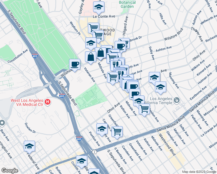 map of restaurants, bars, coffee shops, grocery stores, and more near 1378 Veteran Avenue in Los Angeles