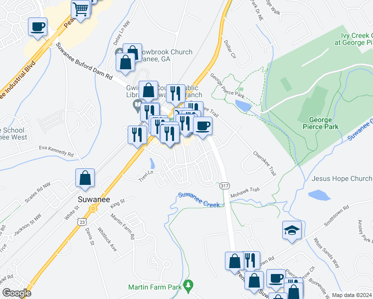 map of restaurants, bars, coffee shops, grocery stores, and more near 3941 Savannah Square Street Northwest in Suwanee