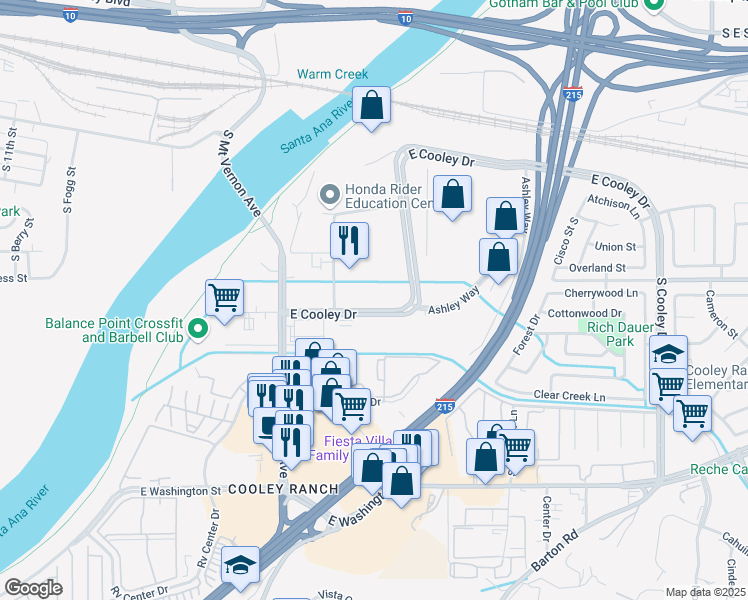 map of restaurants, bars, coffee shops, grocery stores, and more near 1421 East Cooley Drive in Colton