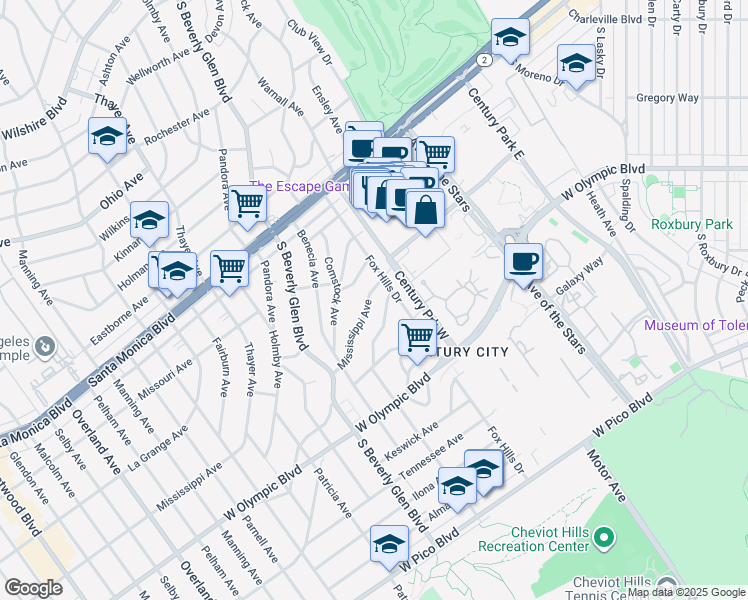 map of restaurants, bars, coffee shops, grocery stores, and more near 10320 Mississippi Avenue in Los Angeles