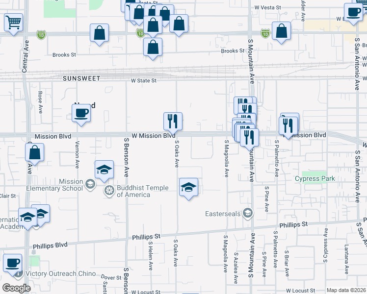 map of restaurants, bars, coffee shops, grocery stores, and more near 829 South Oaks Avenue in Ontario