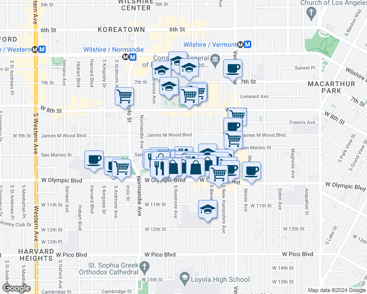 map of restaurants, bars, coffee shops, grocery stores, and more near 920 South Kenmore Avenue in Los Angeles