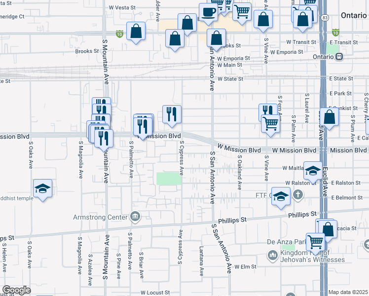 map of restaurants, bars, coffee shops, grocery stores, and more near 821 South Cypress Avenue in Ontario