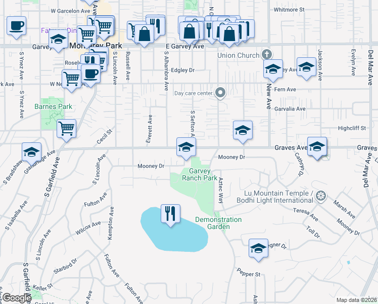 map of restaurants, bars, coffee shops, grocery stores, and more near 608 South Sefton Avenue in Monterey Park