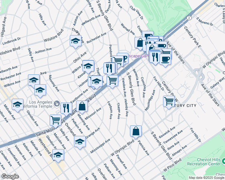 map of restaurants, bars, coffee shops, grocery stores, and more near 1827 Thayer Avenue in Los Angeles