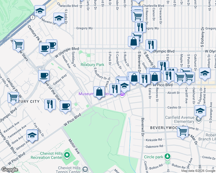 map of restaurants, bars, coffee shops, grocery stores, and more near 1228 Peck Drive in Los Angeles