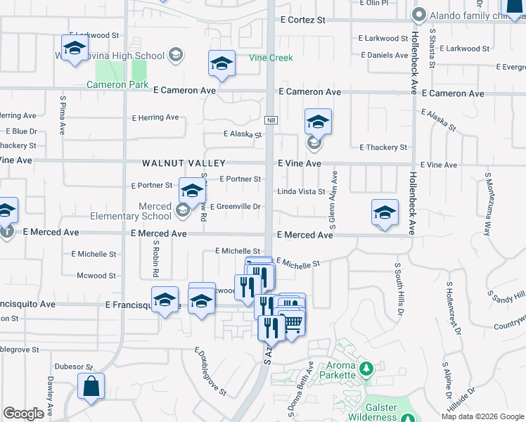 map of restaurants, bars, coffee shops, grocery stores, and more near 1143 South Fleetwell Avenue in West Covina
