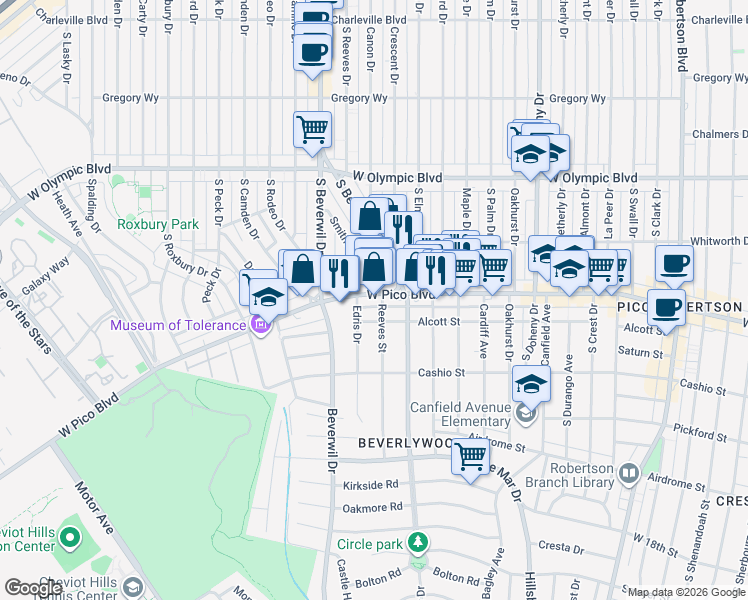 map of restaurants, bars, coffee shops, grocery stores, and more near 9544 West Pico Boulevard in Los Angeles