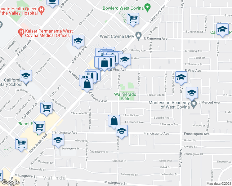 map of restaurants, bars, coffee shops, grocery stores, and more near 1123 South Walnut Avenue in West Covina