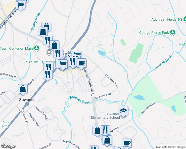 map of restaurants, bars, coffee shops, grocery stores, and more near 224 Suwanee Avenue in Suwanee