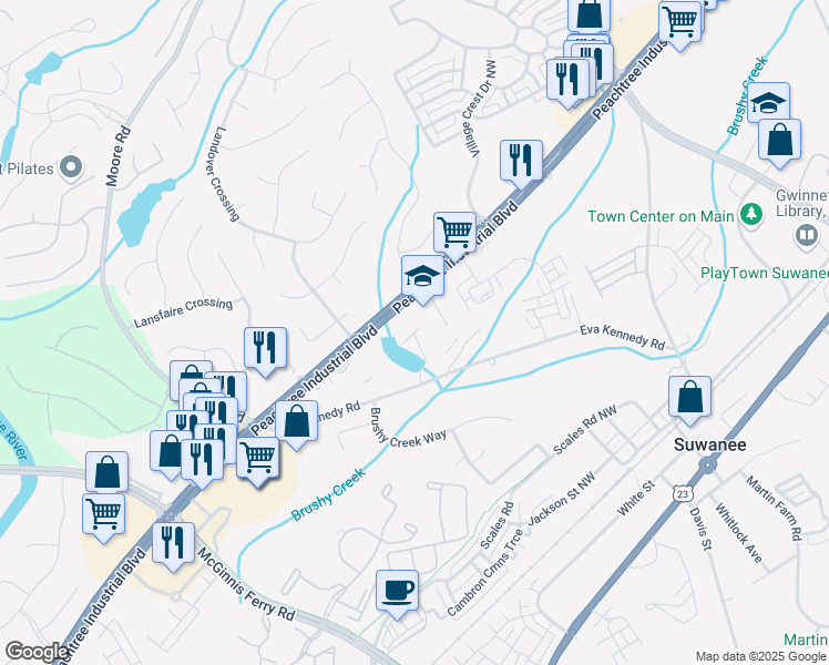map of restaurants, bars, coffee shops, grocery stores, and more near 2079 Harvest Pond Circle in Suwanee