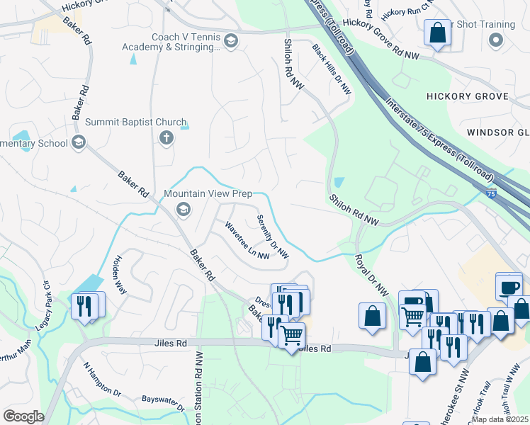 map of restaurants, bars, coffee shops, grocery stores, and more near 2202 Serenity Drive Northwest in Acworth