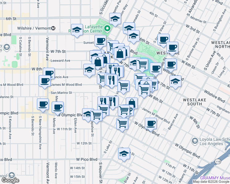 map of restaurants, bars, coffee shops, grocery stores, and more near 2407 West 9th Street in Los Angeles