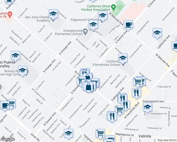 map of restaurants, bars, coffee shops, grocery stores, and more near 1630 South Cabana Avenue in West Covina