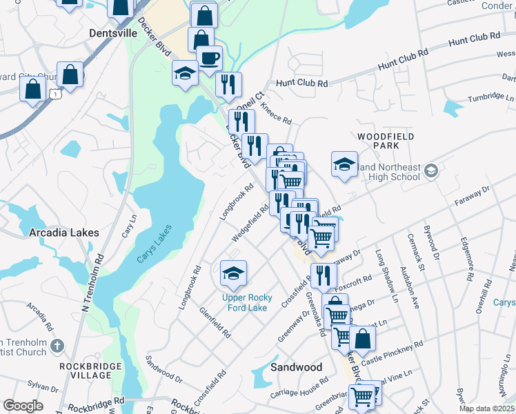 map of restaurants, bars, coffee shops, grocery stores, and more near 6918 Wedgefield Road in Columbia