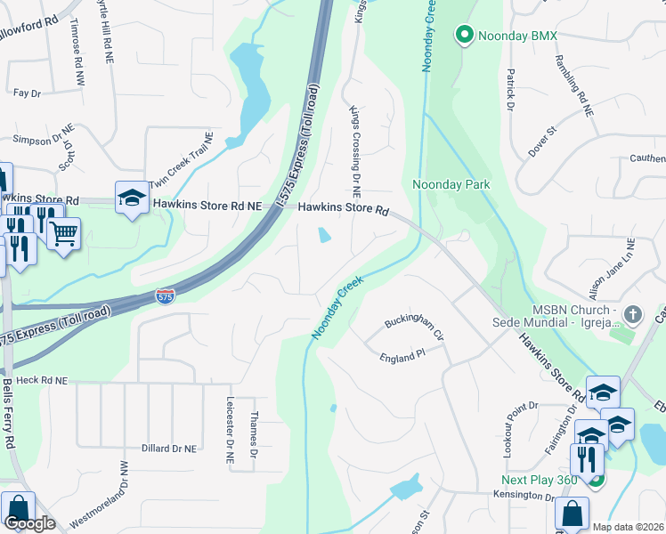 map of restaurants, bars, coffee shops, grocery stores, and more near 591 Farmbrook Trail Northeast in Kennesaw