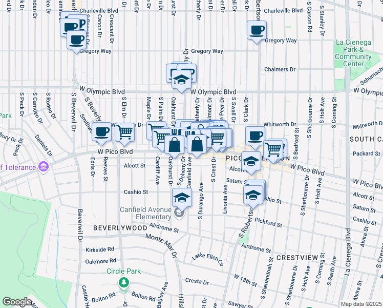 map of restaurants, bars, coffee shops, grocery stores, and more near 9043 Alcott Street in Los Angeles