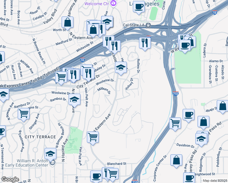 map of restaurants, bars, coffee shops, grocery stores, and more near 4298 Rosilyn Drive in Los Angeles