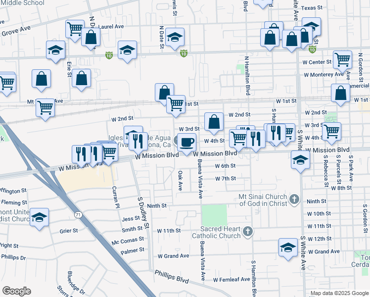 map of restaurants, bars, coffee shops, grocery stores, and more near 1379 West Mission Boulevard in Pomona