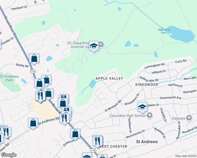 map of restaurants, bars, coffee shops, grocery stores, and more near 2029 Apple Valley Road in Columbia