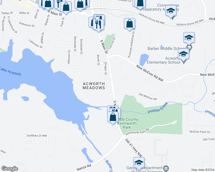 map of restaurants, bars, coffee shops, grocery stores, and more near 4130 Grogan Street in Acworth